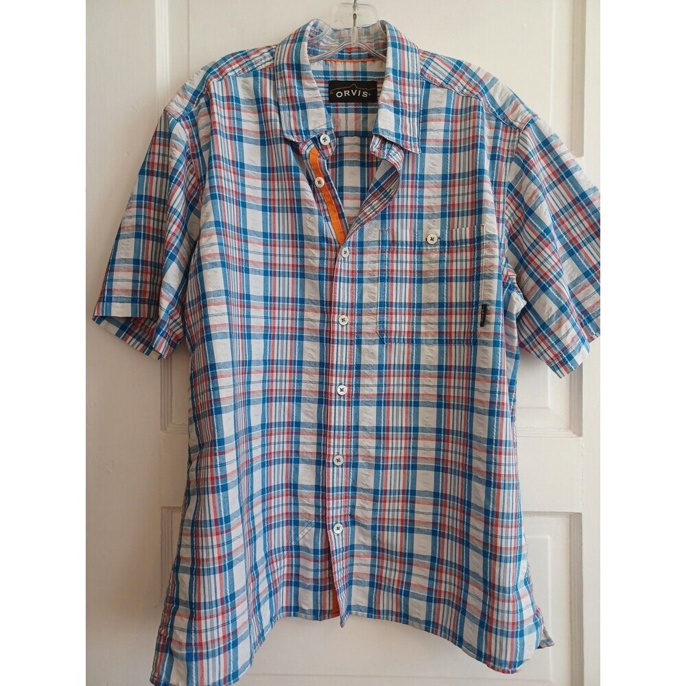 Orvis blue plaid buttonfront shirt mens L outdoor camp casual preppy linenblend